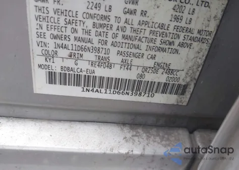 2006 Nissan Altima 2.5 S из США, поврежденный, VIN 1N4AL11D66N398710